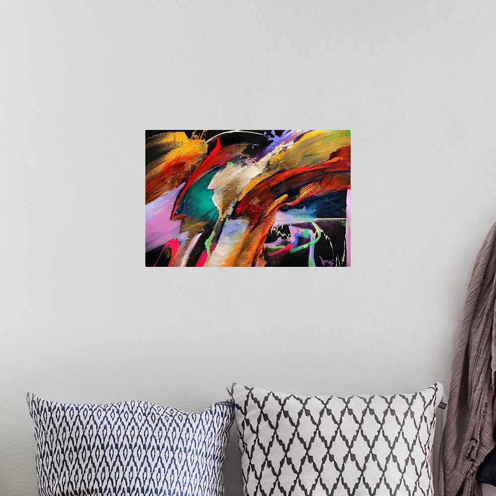 A bohemian room featuring Modern abstract artwork of a clash of color streaks.