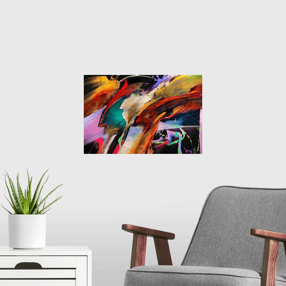 A modern room featuring Modern abstract artwork of a clash of color streaks.
