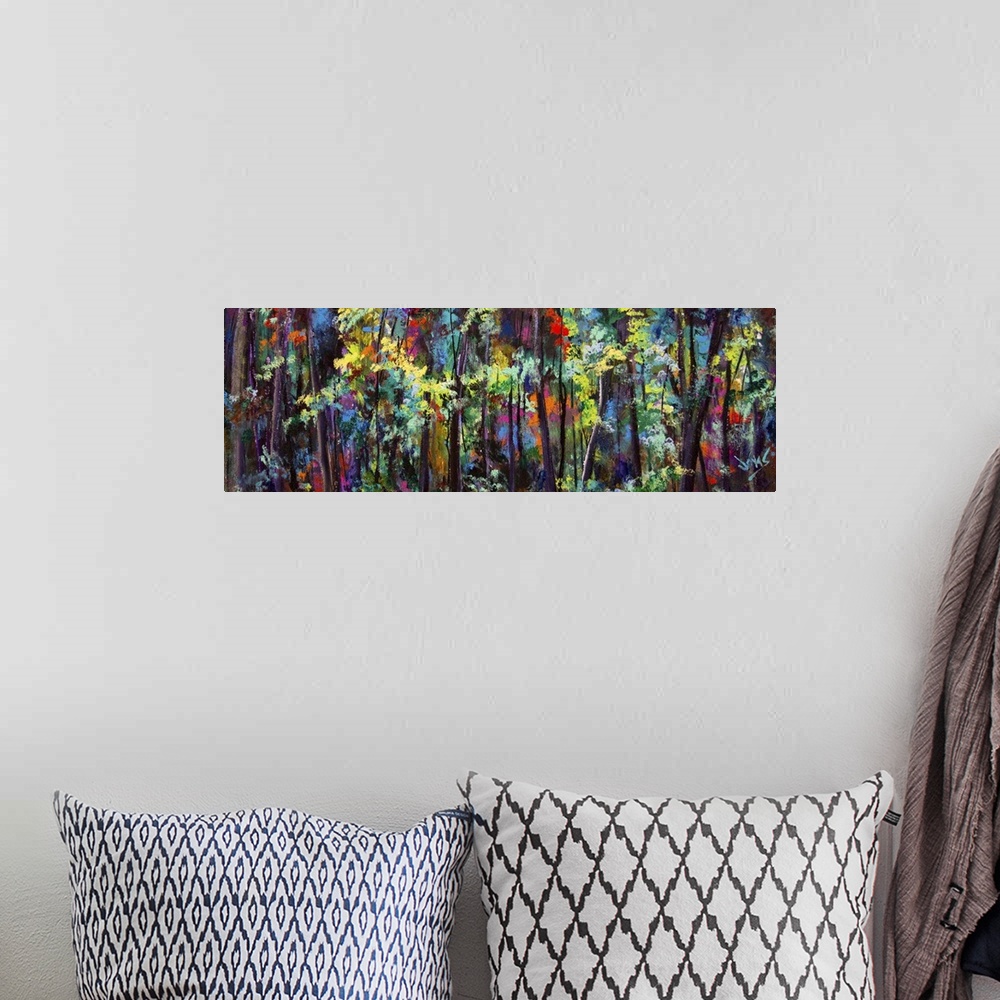 A bohemian room featuring A contemporary painting of a forest using a wide gamut of neon colors.