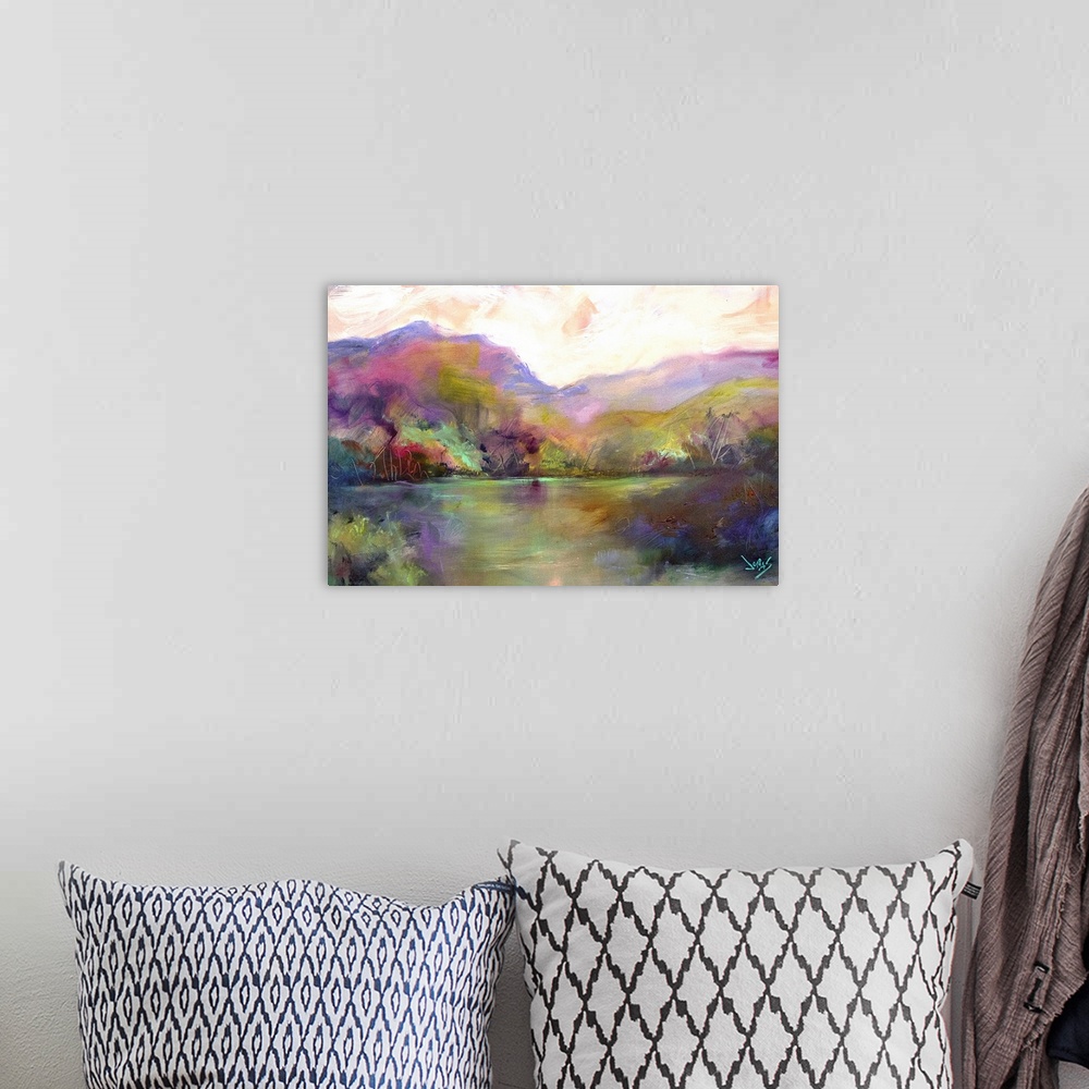 A bohemian room featuring Contemporary landscape painting ranging a gamut of color.