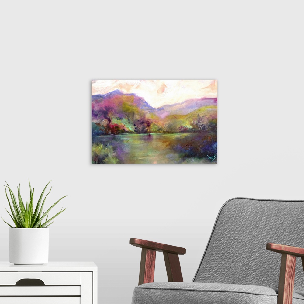 A modern room featuring Contemporary landscape painting ranging a gamut of color.