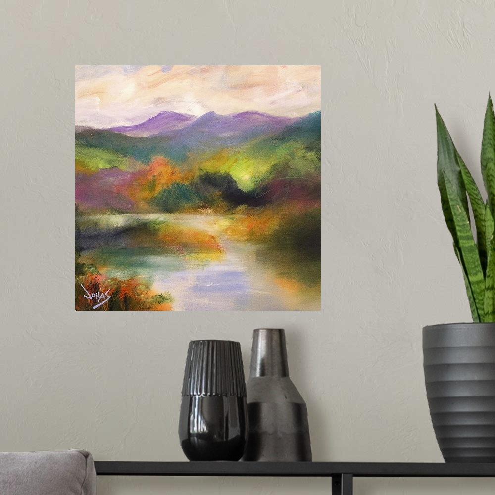 A modern room featuring Contemporary landscape painting ranging a gamut of color.