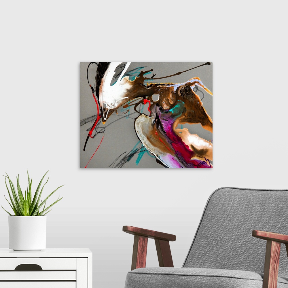 A modern room featuring This is an abstract painting with different blends of color and various applications of color in ...