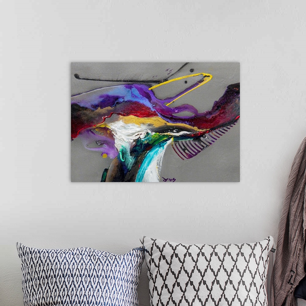 A bohemian room featuring Abstract modern art featuring colored thick and thin line streaks on a neutral background.