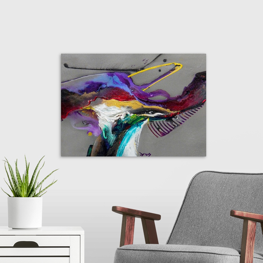 A modern room featuring Abstract modern art featuring colored thick and thin line streaks on a neutral background.