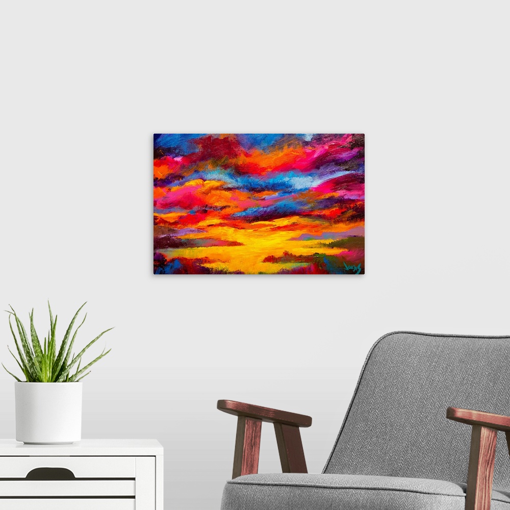A modern room featuring Decorative art for the home or office this painting highlights the many colors of a sun kissed sk...