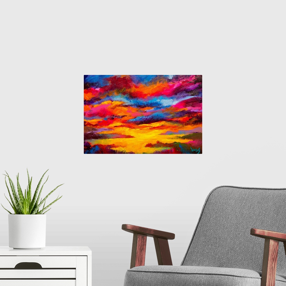 A modern room featuring Decorative art for the home or office this painting highlights the many colors of a sun kissed sk...