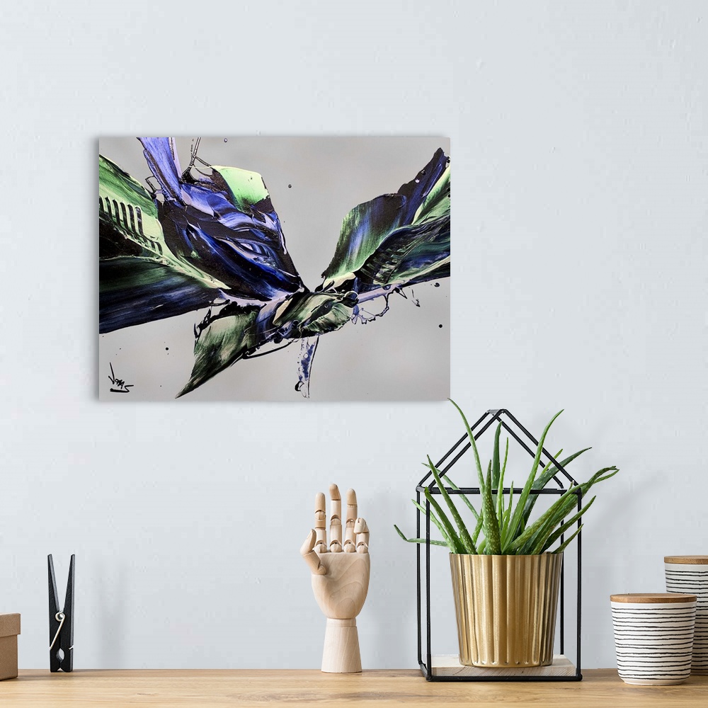 A bohemian room featuring Contemporary abstract painting using tones of green and purple converging in an angular shape poi...