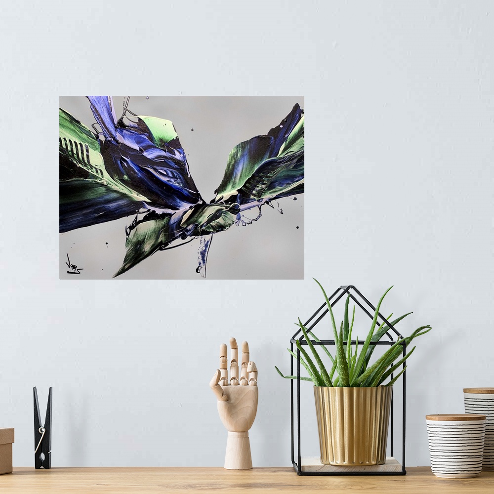A bohemian room featuring Contemporary abstract painting using tones of green and purple converging in an angular shape poi...