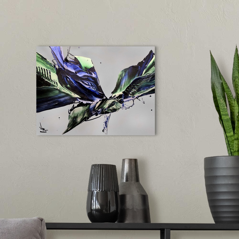 A modern room featuring Contemporary abstract painting using tones of green and purple converging in an angular shape poi...