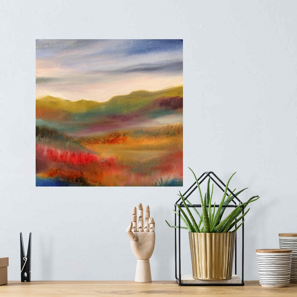 A bohemian room featuring Square artwork for a living room or office of a vibrant landscape of sweeping clouds in the sky, ...