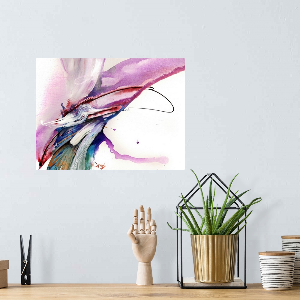 A bohemian room featuring This abstract wall art is a wide arch of color created with wet paint textures then covered with ...