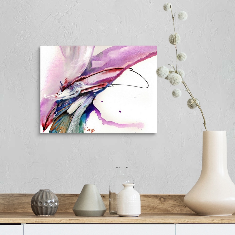 A farmhouse room featuring This abstract wall art is a wide arch of color created with wet paint textures then covered with ...