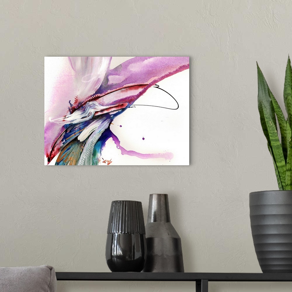 A modern room featuring This abstract wall art is a wide arch of color created with wet paint textures then covered with ...