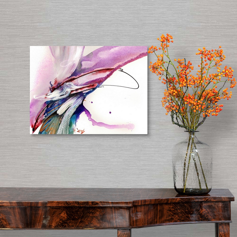 A traditional room featuring This abstract wall art is a wide arch of color created with wet paint textures then covered with ...