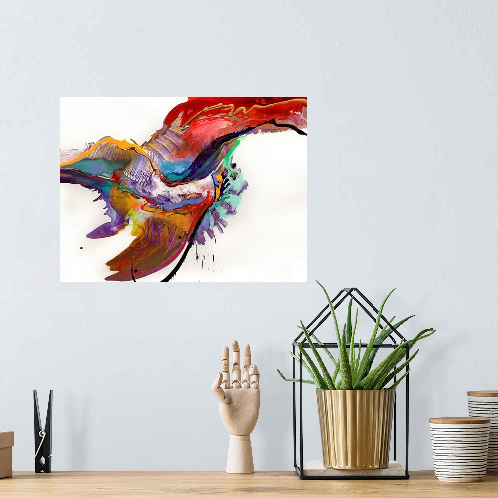 A bohemian room featuring Abstract, horizontal painting of a cluster of different brushstrokes, splatters and running paint...