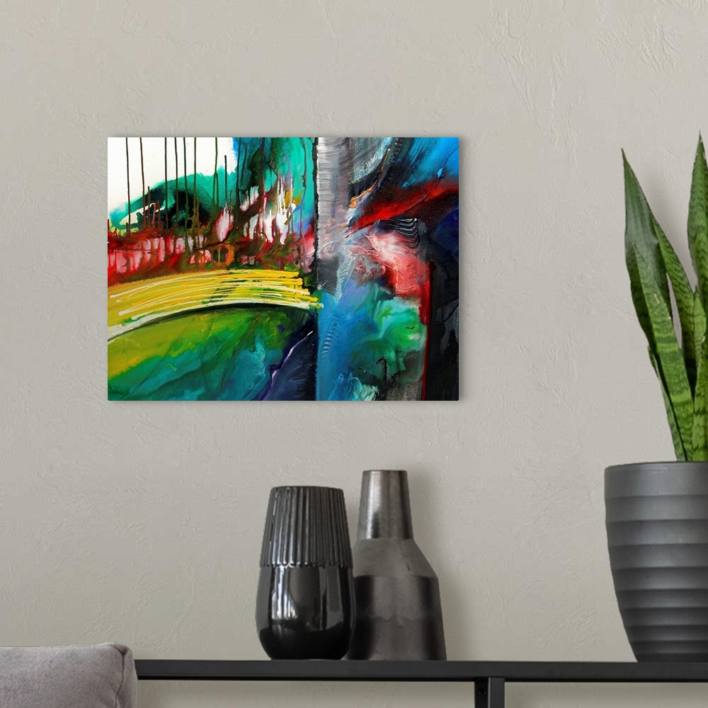 A modern room featuring Contemporary abstract painting of a bunch of different colored shapes and lines on canvas.