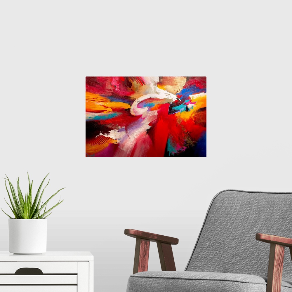 A modern room featuring An energetic abstract painting made with thick paint textures and broad brush strokes.