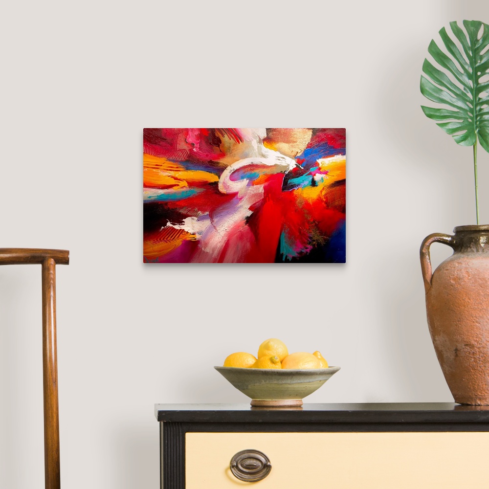 A traditional room featuring An energetic abstract painting made with thick paint textures and broad brush strokes.