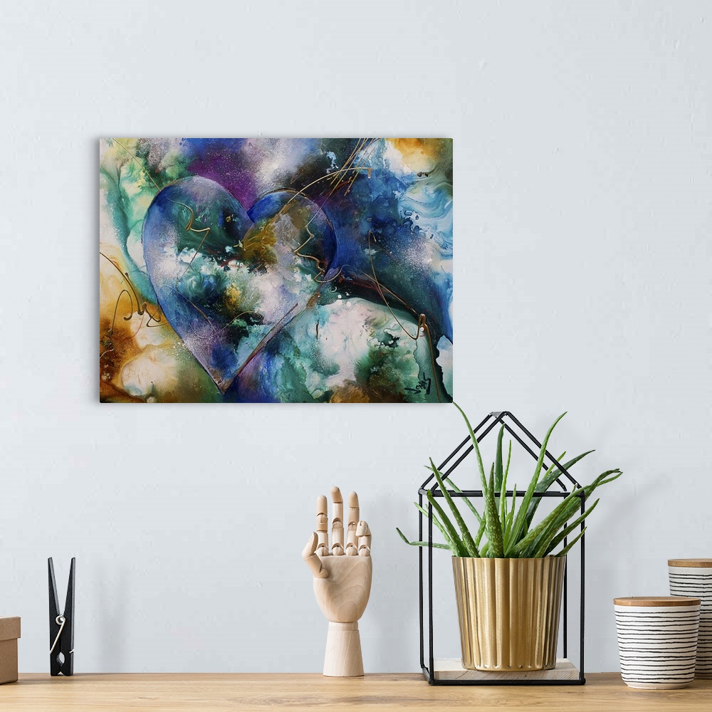 A bohemian room featuring A contemporary abstract painting using a wide range of blue and green tones with a gold outline o...
