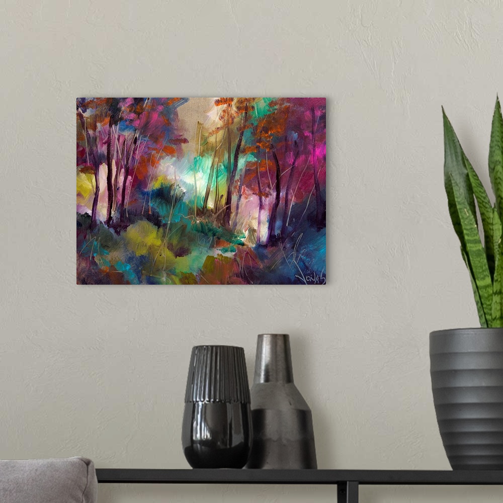 A modern room featuring Abstract painting of a forest on canvas with various bright colors.