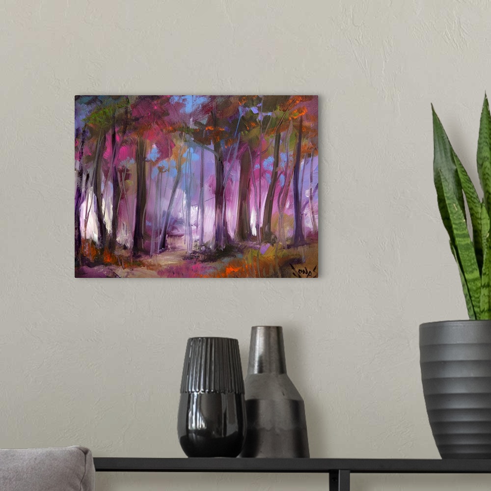 A modern room featuring A contemporary painting of a dark forest that has a purple hue over it.