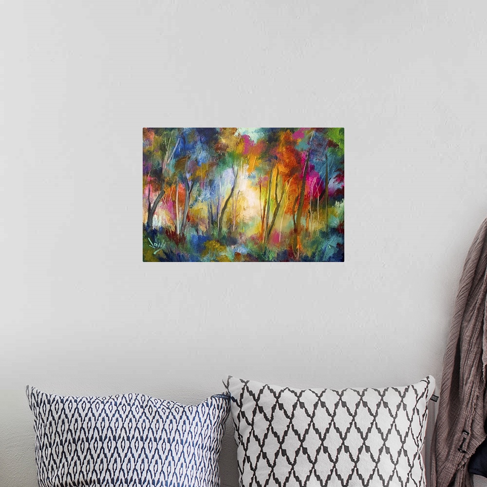 A bohemian room featuring Contemporary painting of a forest grove in a spectrum of color.