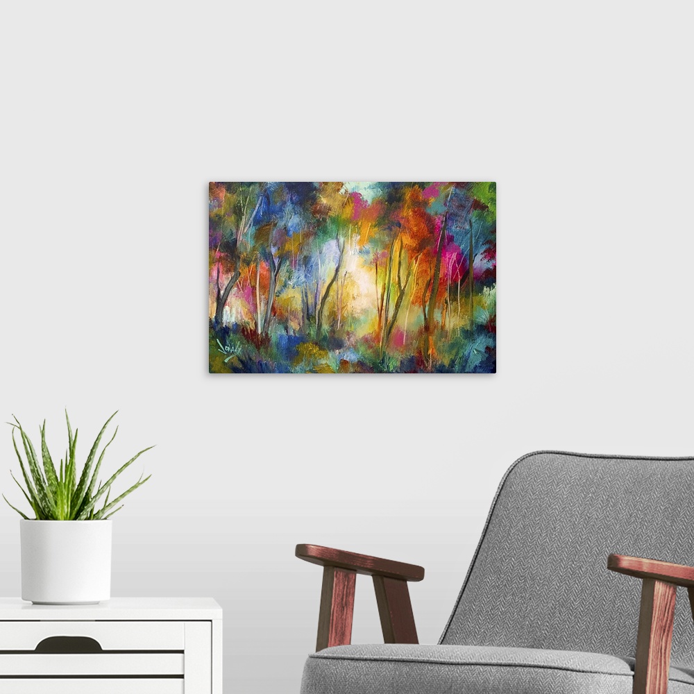 A modern room featuring Contemporary painting of a forest grove in a spectrum of color.