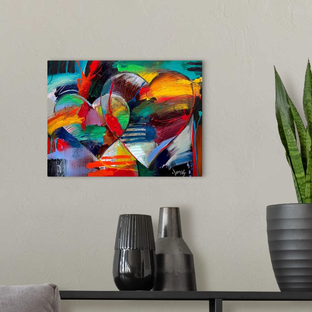 A modern room featuring Colorful abstract painting of two linking hearts.