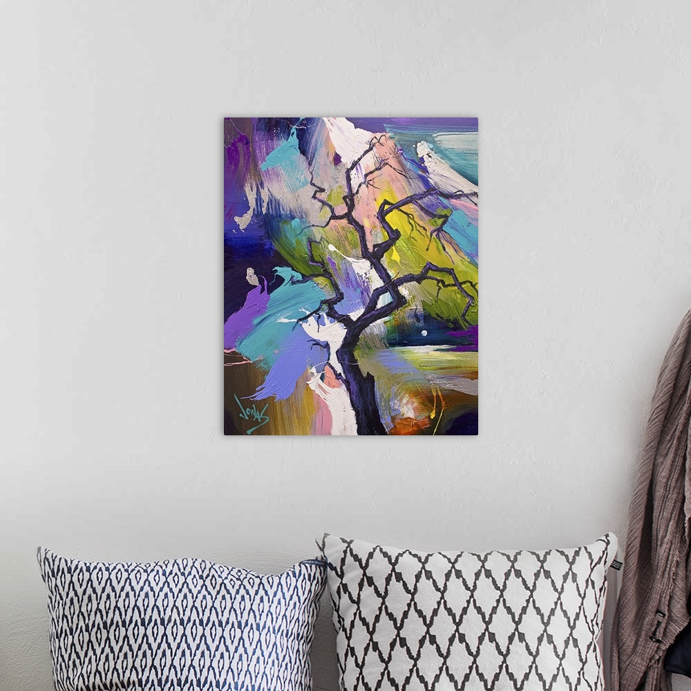 A bohemian room featuring Contemporary abstract painting of a dark tree with gnarled branches against a colorful background.