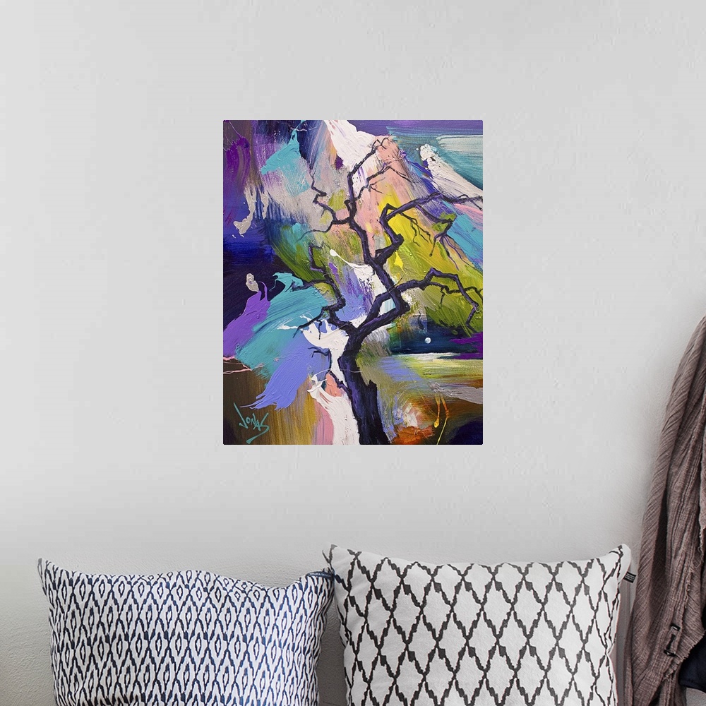 A bohemian room featuring Contemporary abstract painting of a dark tree with gnarled branches against a colorful background.