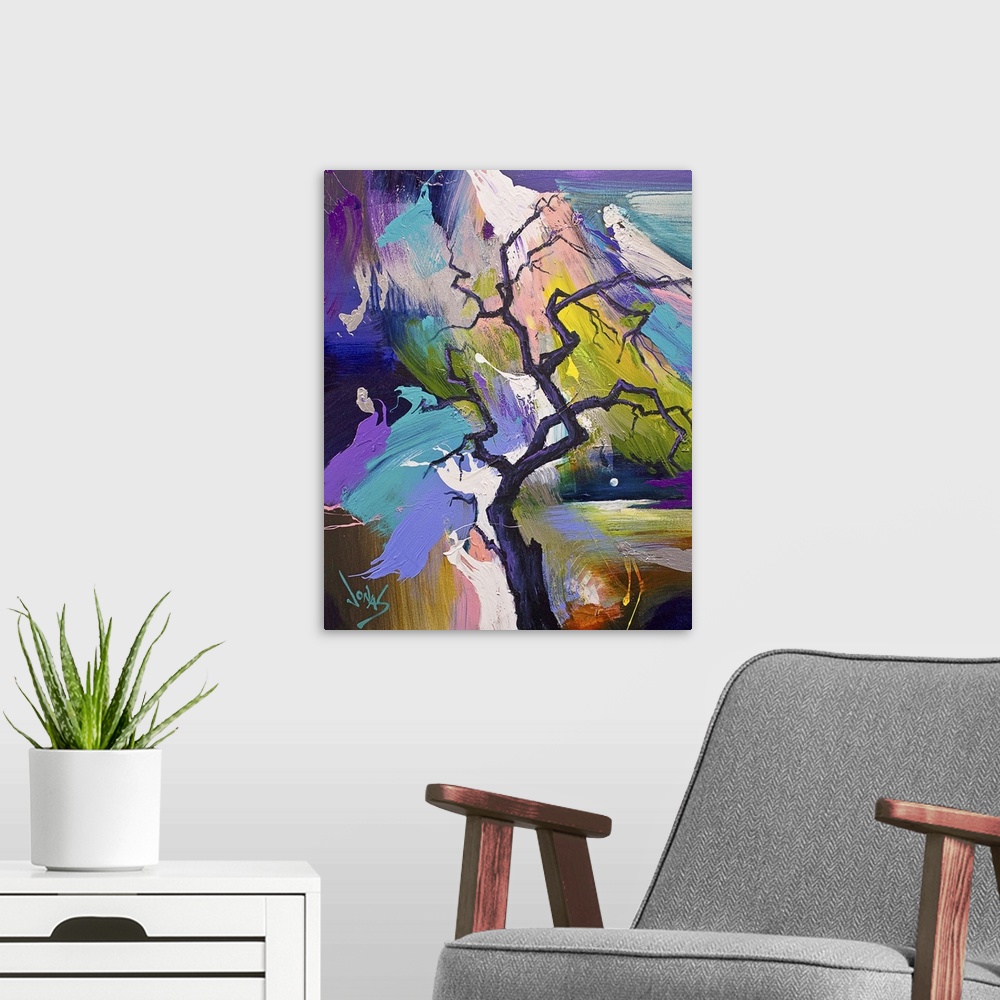A modern room featuring Contemporary abstract painting of a dark tree with gnarled branches against a colorful background.