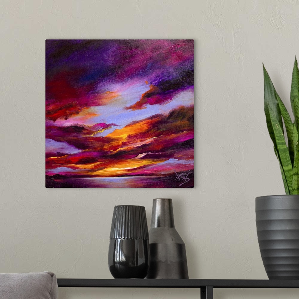 A modern room featuring Contemporary painting of a sunset sky in purple and orange tones over the water.