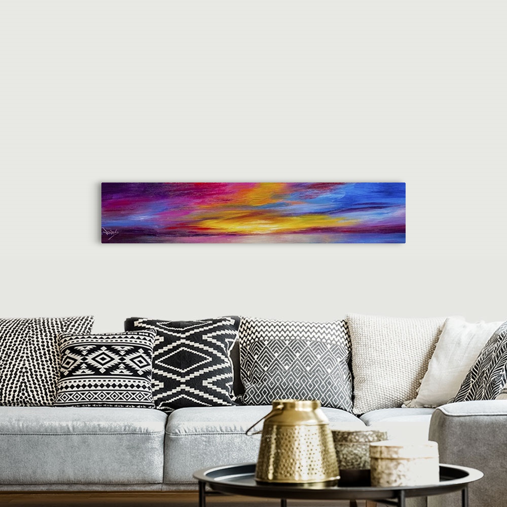 A bohemian room featuring A contemporary abstract painting using a colors found in a sunset.