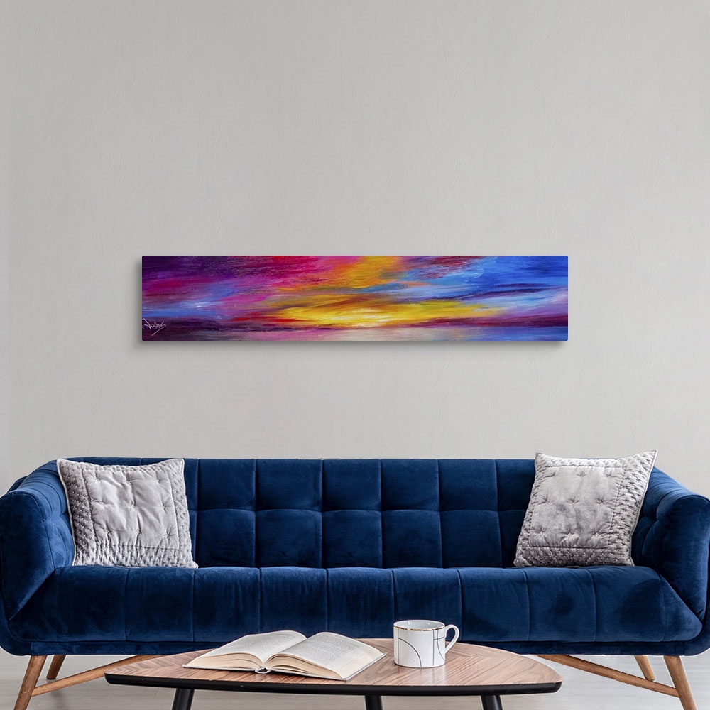 A modern room featuring A contemporary abstract painting using a colors found in a sunset.