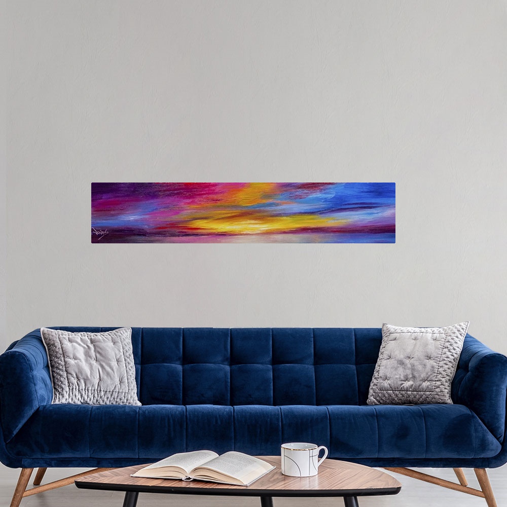 A modern room featuring A contemporary abstract painting using a colors found in a sunset.