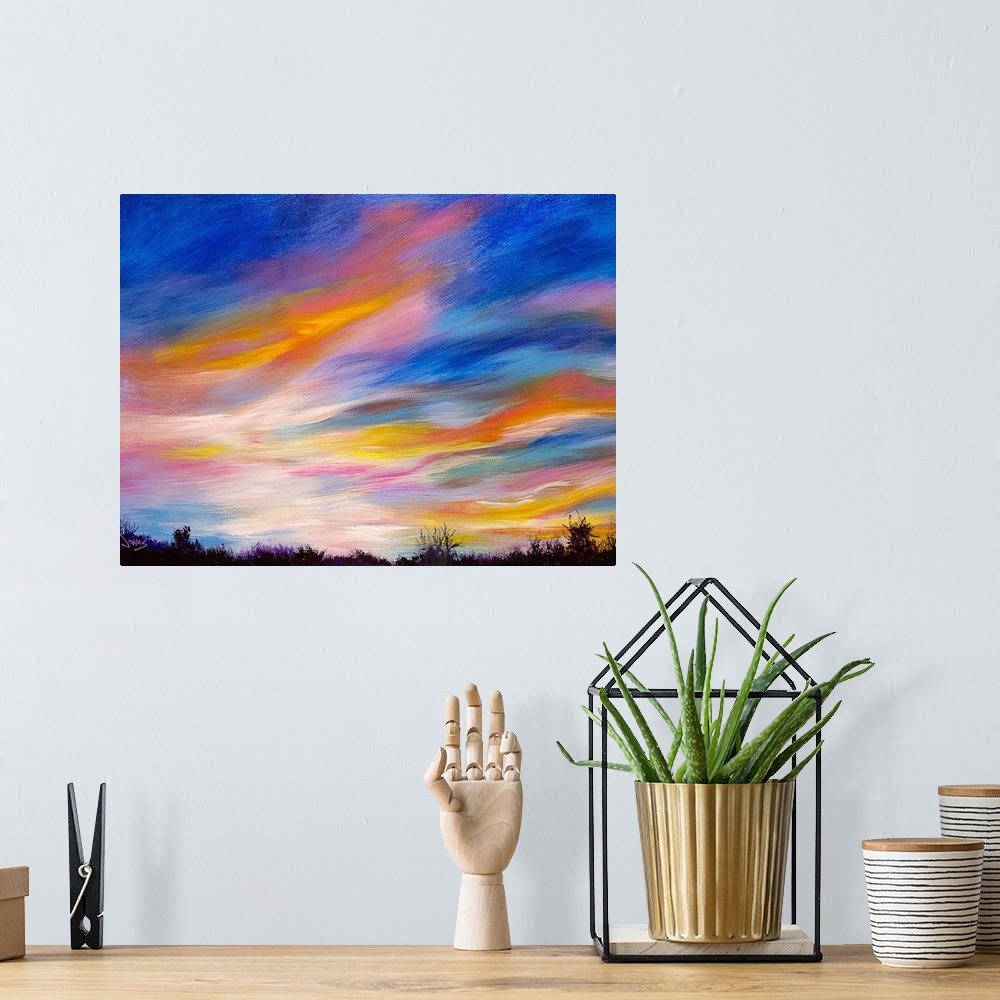 A bohemian room featuring A contemporary painting of a colorful skyscape at sundown.