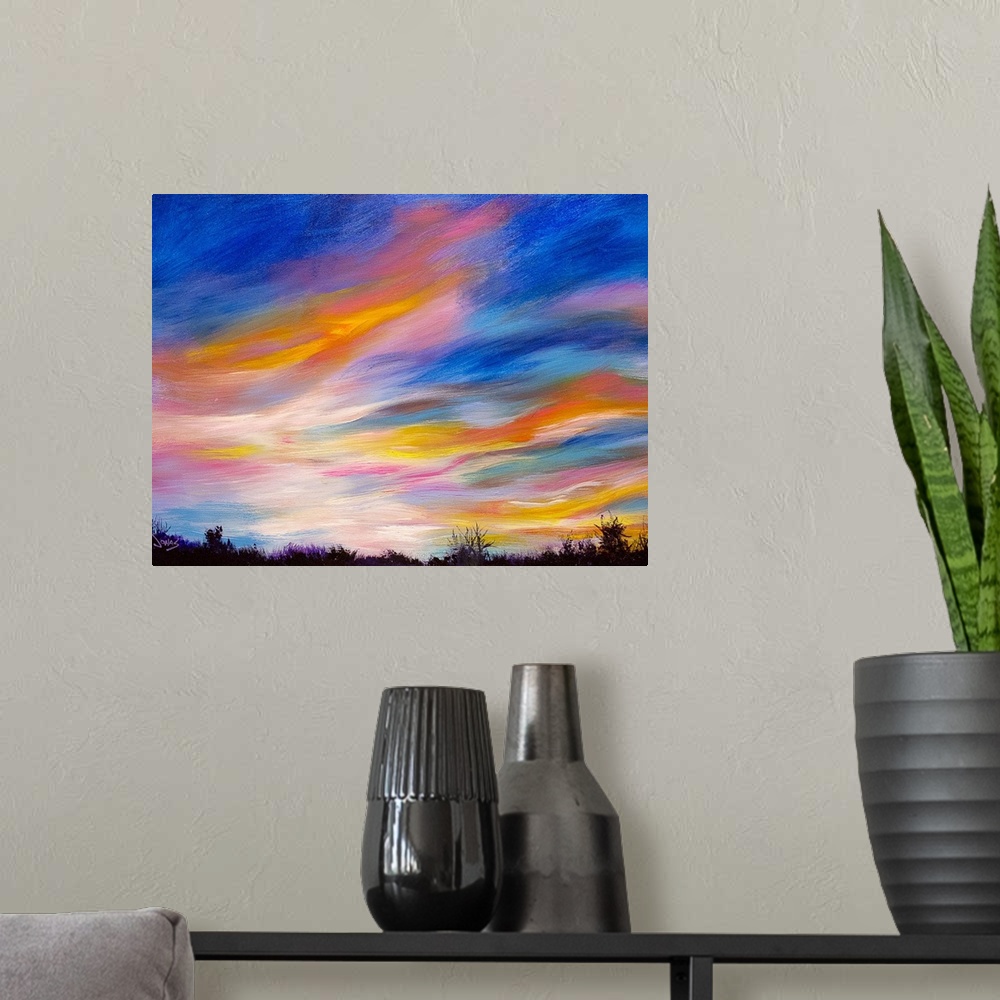 A modern room featuring A contemporary painting of a colorful skyscape at sundown.