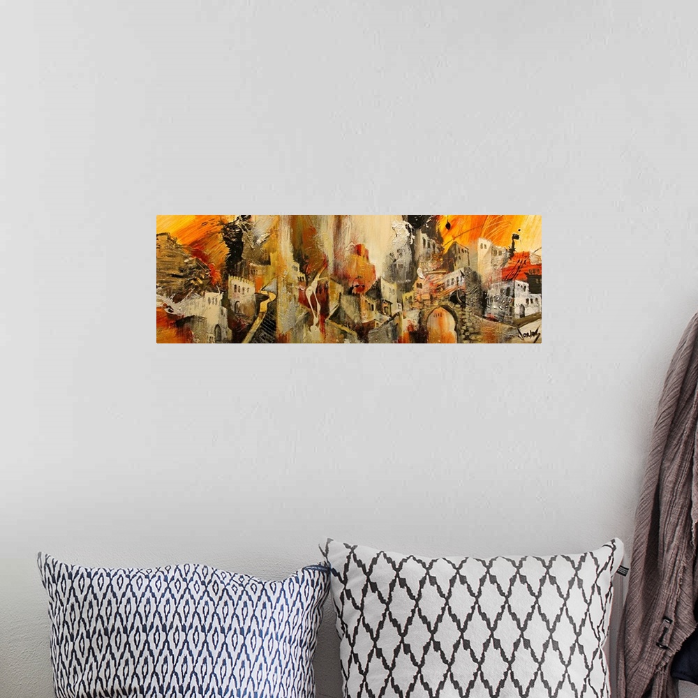 A bohemian room featuring Horizontal, abstract painting on a large wall hanging of a variety of Mediterranean buildings and...