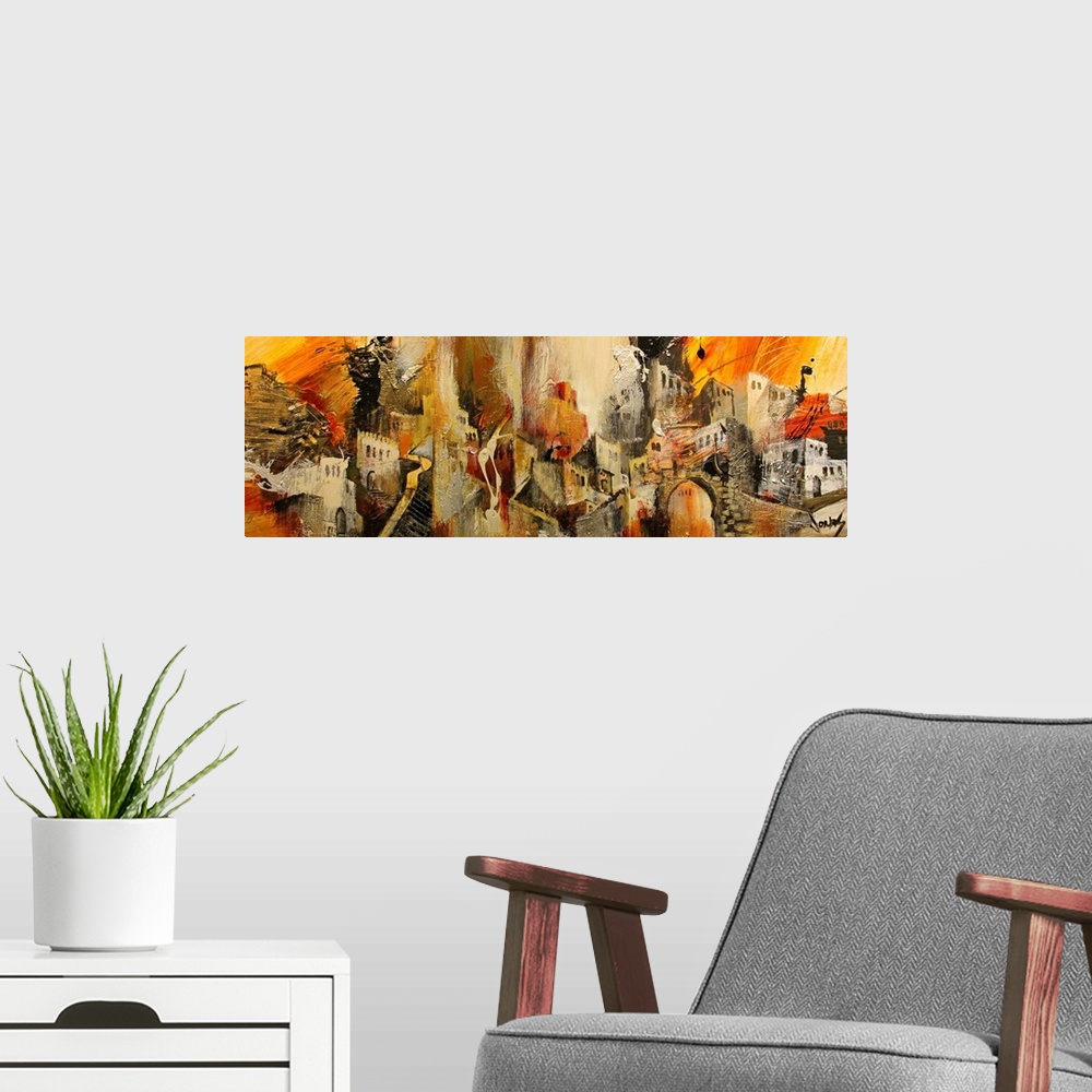 A modern room featuring Horizontal, abstract painting on a large wall hanging of a variety of Mediterranean buildings and...