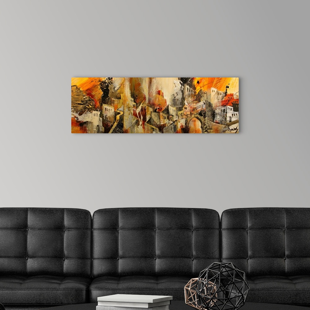 A modern room featuring Horizontal, abstract painting on a large wall hanging of a variety of Mediterranean buildings and...