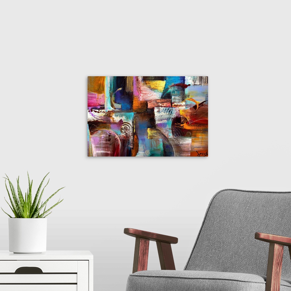 A modern room featuring Large abstract painting of different patches of color with grungy paint texture.
