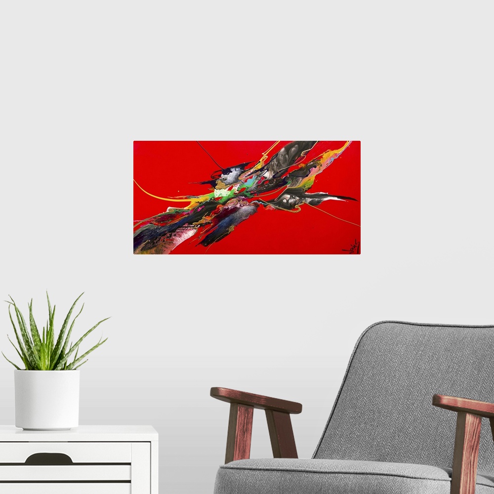 A modern room featuring Contemporary abstract painting using splashes of wild and vivid colors against a stark red backgr...