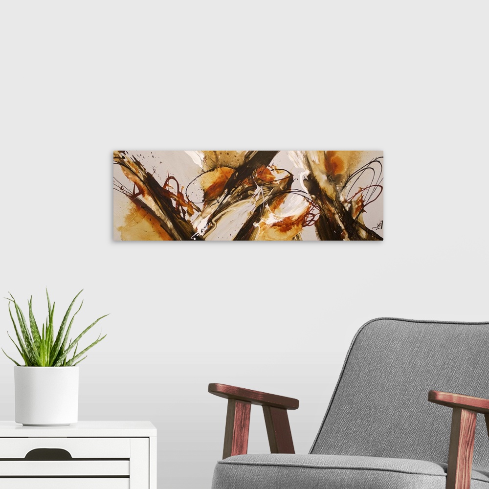 A modern room featuring Contemporary abstract painting using earthy tones converging toward the center of the image in a ...