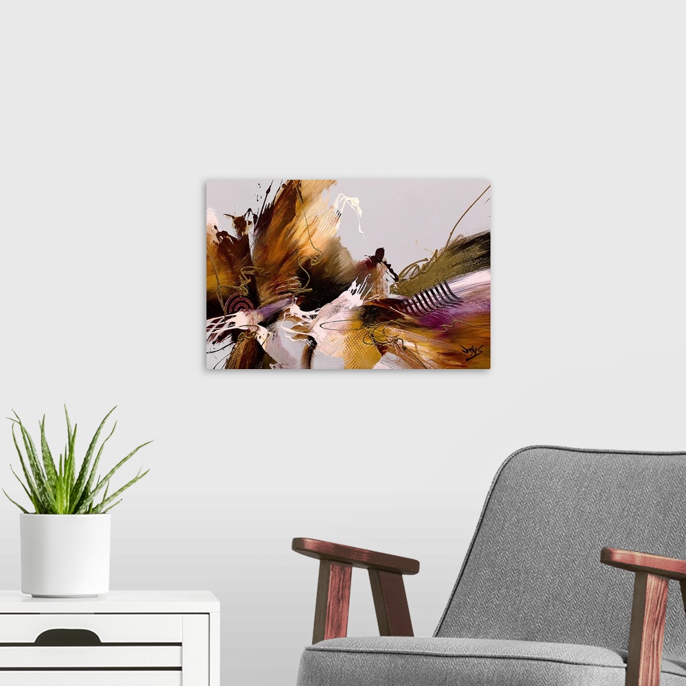 A modern room featuring Contemporary abstract painting using earthy tones converging toward the center of the image in a ...