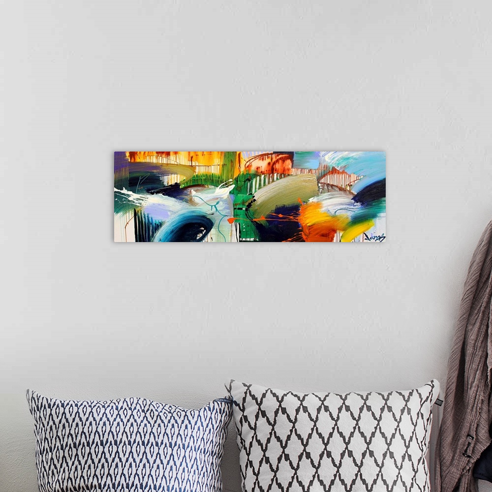 A bohemian room featuring Contemporary abstract painting by renowned Asheville, NC artist.  Panoramic image with sections o...