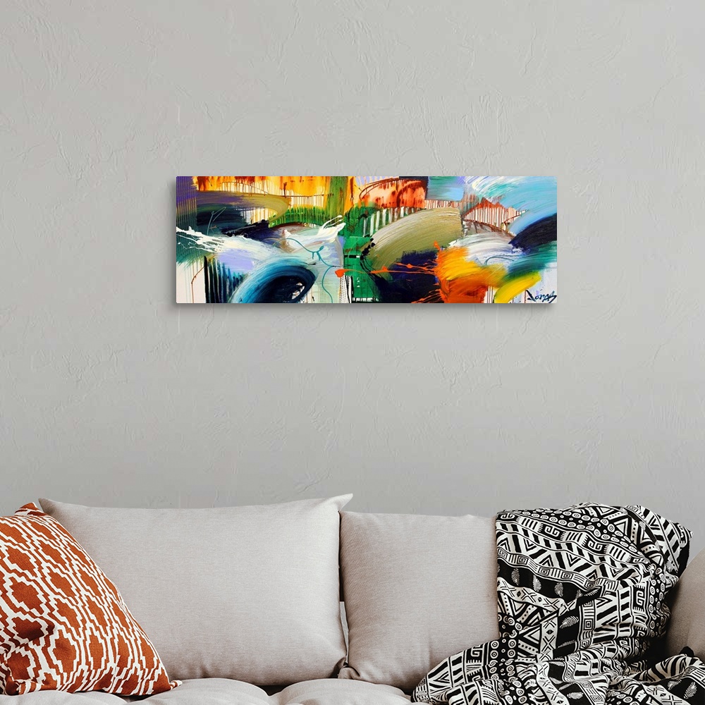 A bohemian room featuring Contemporary abstract painting by renowned Asheville, NC artist.  Panoramic image with sections o...
