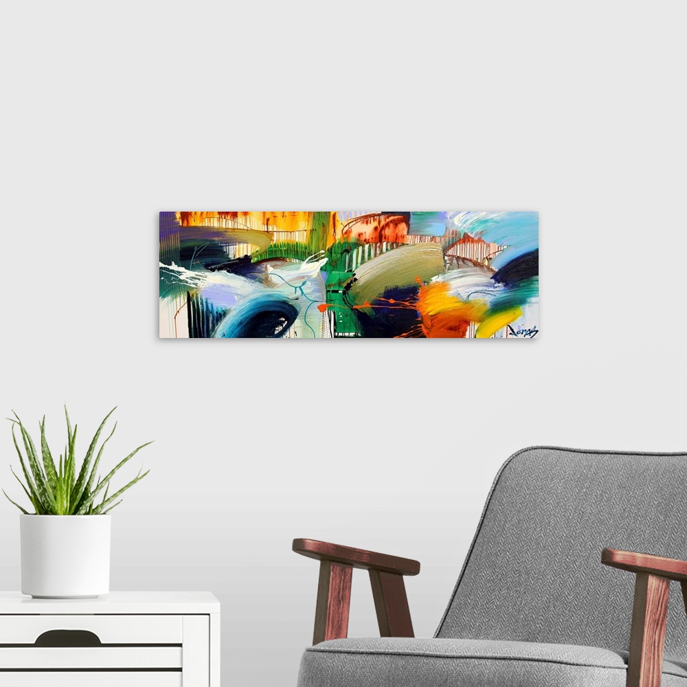 A modern room featuring Contemporary abstract painting by renowned Asheville, NC artist.  Panoramic image with sections o...