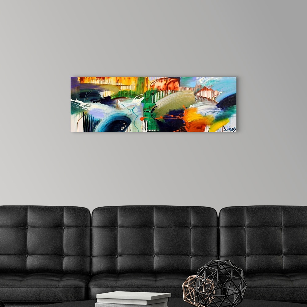 A modern room featuring Contemporary abstract painting by renowned Asheville, NC artist.  Panoramic image with sections o...