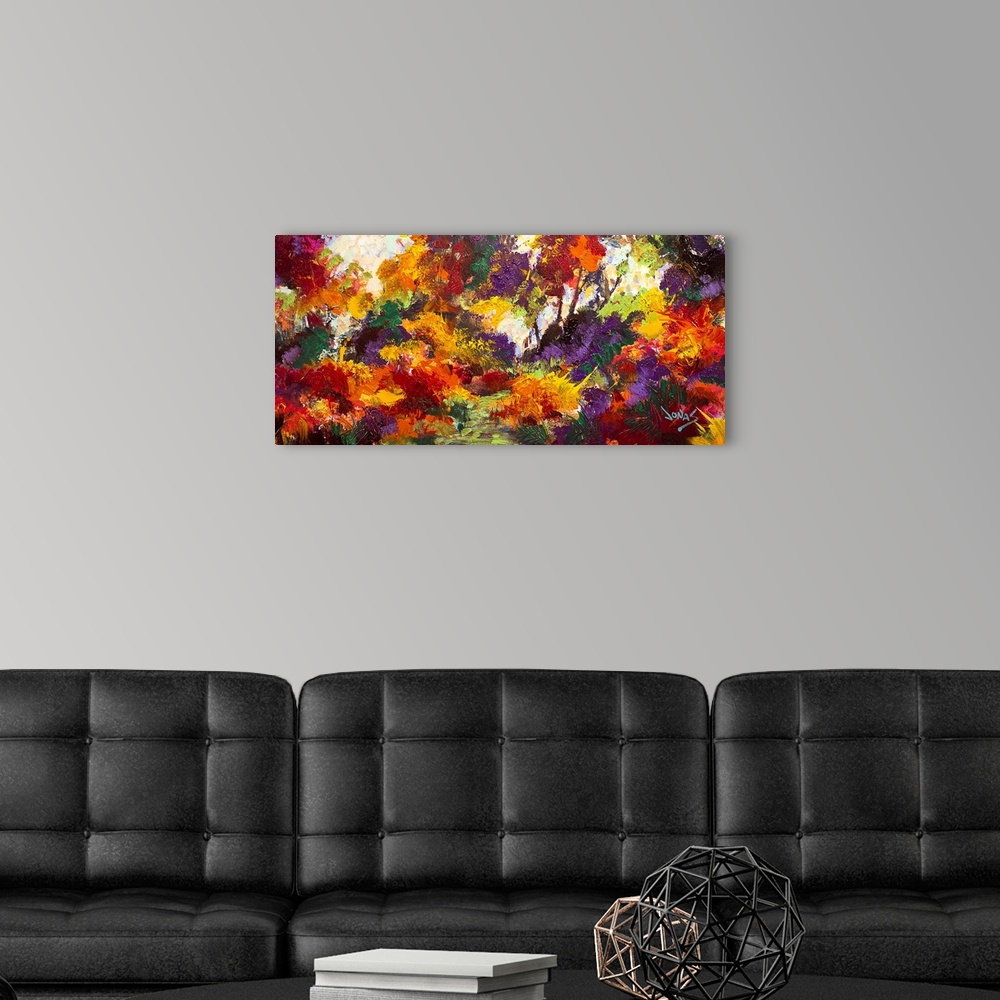 A modern room featuring Contemporary abstract painting using a wide spectrum of color and texture resembling a forest.